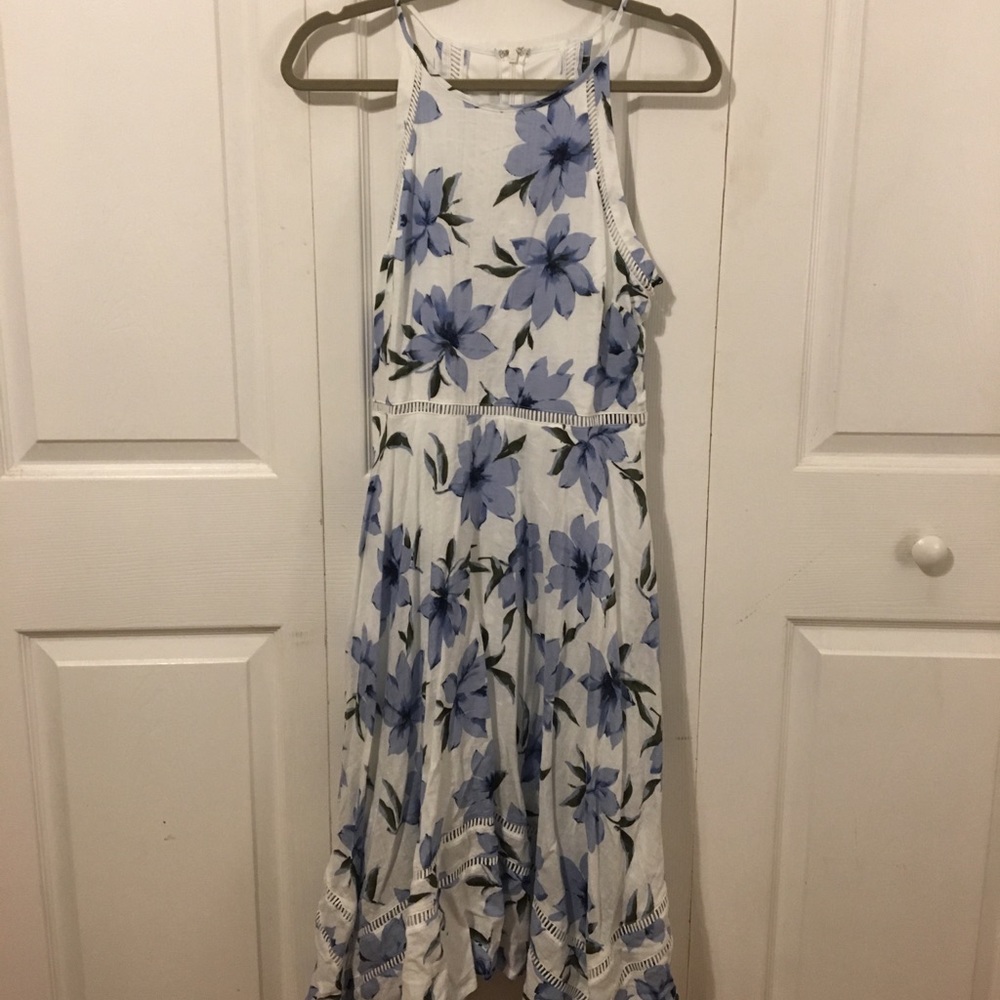 Sleeveless White Dress with Blue Floral Print